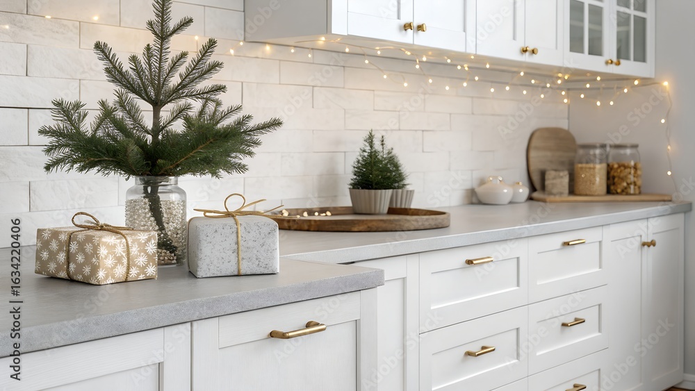 Fototapeta premium Minimalist White Kitchen with Evergreen and Holiday Gifts