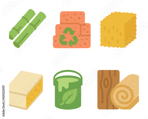 Eco Materials for Kids. Flat vector mini-illustrations sustainable building materials in colors children's