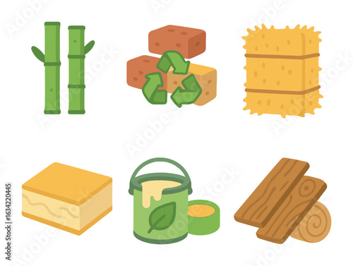 Eco Materials for Kids. Flat vector mini-illustrations sustainable building materials in colors children's