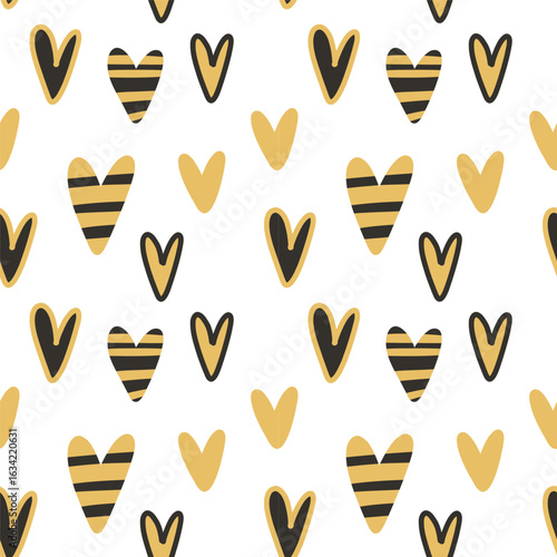 Pattern with striped bee hearts and plain yellow hearts. Great for gift wrap, packaging, childrens products and love themes.
