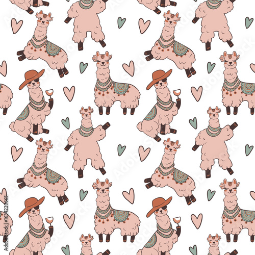 Romantic and cute seamless pattern with charming llamas, scattered hearts, and playful expressions. Perfect for Valentines Day crafts, kids clothing, gift wrap and digital backgrounds.