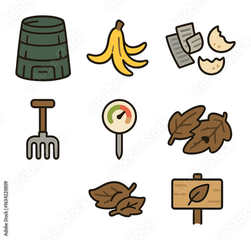 Kids' Compost Icons. Flat vector mini-illustrations natural composting methods in colors children's