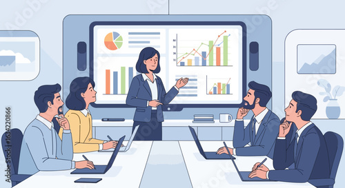 Businesswoman presenting financial data to attentive team during a virtual meeting.