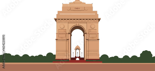 Illustration of india gate with chhatri and green bushes under a clear blue sky background