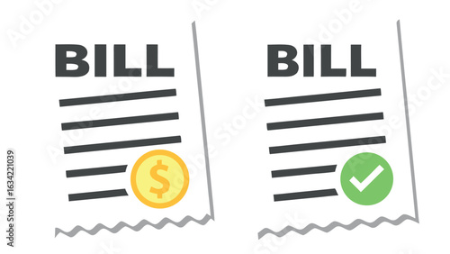 Paid and unpaid bill receipts with dollar and check icons in flat design
