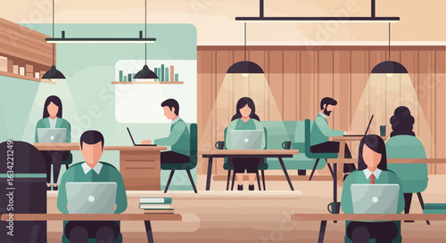 Illustration of people working in a modern office space, using laptops at desks under hanging lights, in a collaborative and productive environment.