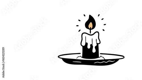 Candle burning on a plate with wax drippings, creating a warm atmosphere in an indoor setting
