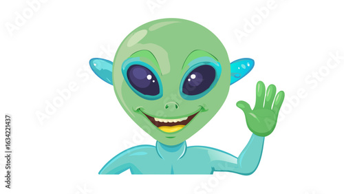 Colorful cartoon alien character smiling and waving with a friendly expression in a playful design suitable for various creative projects