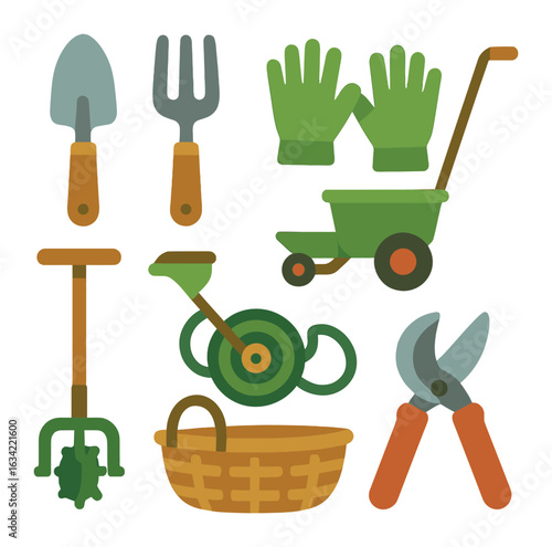 Kids Gardening Tools. Flat vector mini-illustrations organic farming equipment in colors children's