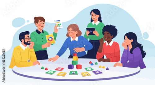 Group of diverse people playing a board game with colorful blocks, cards, and tokens around a round table, smiling and interacting.