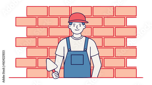 Bricklayer building wall with trowel in flat construction illustration
