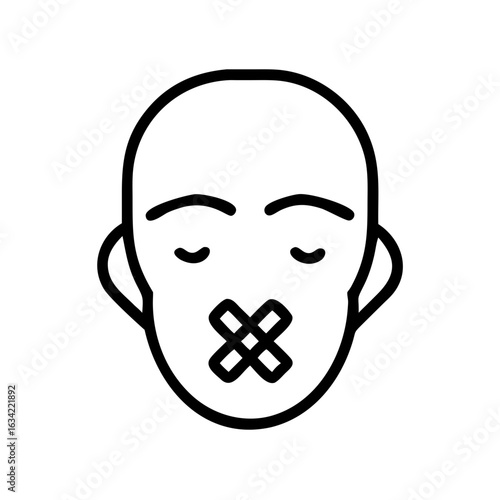 Symbolic representation of silence and restraint with a facial illustration featuring a covered mouth and closed eyes in a minimalist line art style