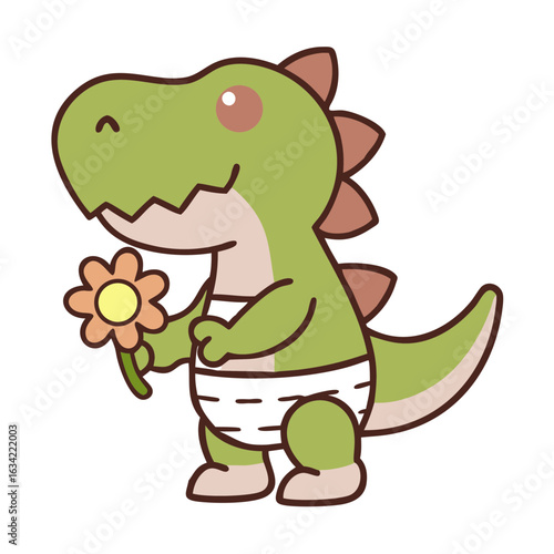 Cute dinosaur character holding a flower while wearing a diaper in a playful cartoon style