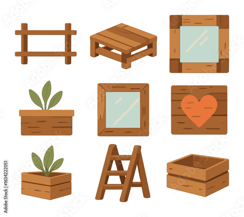 Reclaimed Wood Decor Icons. Flat vector mini-illustrations decorating with reclaimed wood in colors children's