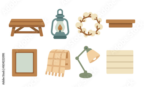Farmhouse Kids' Illustrations. Flat vector mini-illustrations farmhouse living room details in colors children