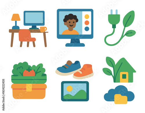 Eco-Friendly Remote Work Icons. Flat vector mini-illustrations remote work eco benefits in colors children's