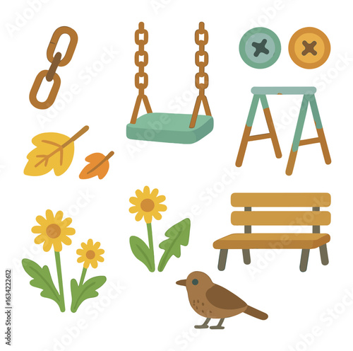 Playground Memories. Flat vector mini-illustrations old park swing elements in colors children's illustrations