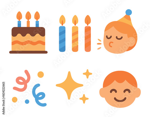 Birthday Fun Icons. Flat vector mini-illustrations blowing out birthday candles in colors children's