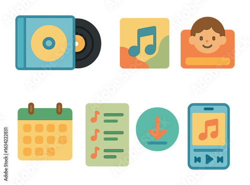Children's Music Icons. Flat vector mini-illustrations music album design elements in colors children's