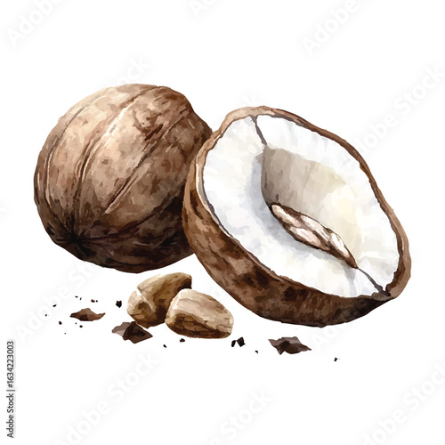 Watercolor illustration of a whole and halved hazelnut with watercolor.vector transparent background cutout