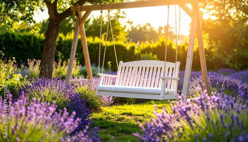 White swing in lavender field, golden hour