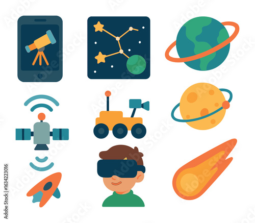 Children's Space Exploration Icons. Flat vector mini-illustrations digital astronomy exploration in colors