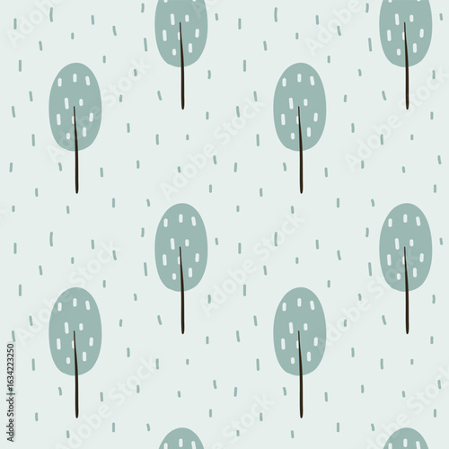 Soft handdrawn pattern with green trees on pastel background. Perfect for kids decor.