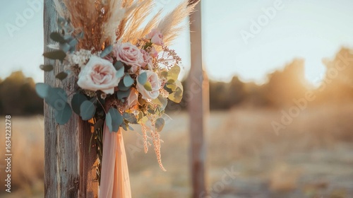 Boho wedding arch adorned with pampas grass and roses in golden light  