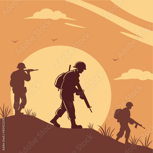 Silhouette of a family on the beach at sunset, a man and woman walking with their child in nature