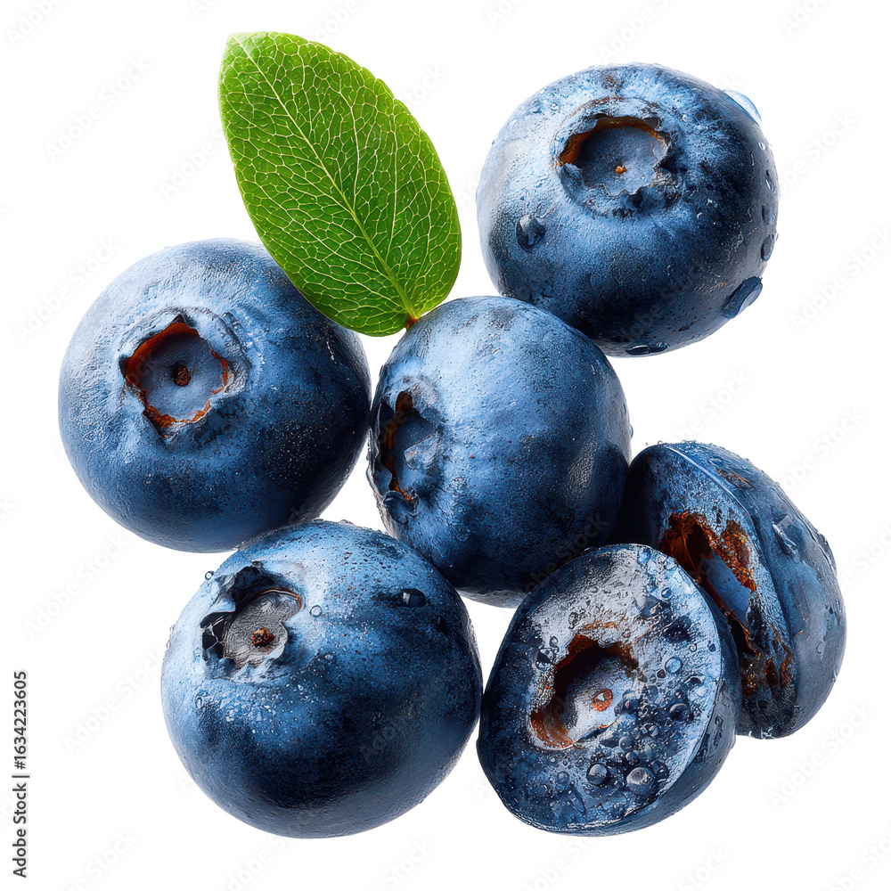 Obraz premium Fresh blueberries with water droplets and green leaf on white background