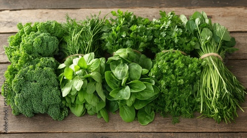 Fresh Green Herbs and Leafy Vegetables on Wooden Table Display