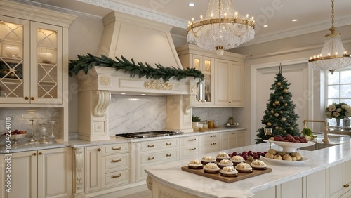 Luxury Cream Holiday Kitchen with Gold Accents and Festive Pastries