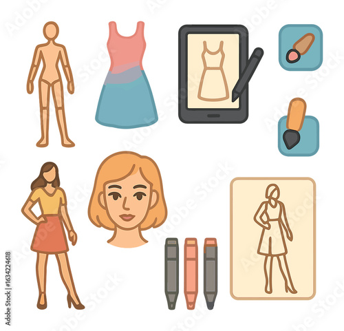 Fashion Icons Grid. Flat vector mini-illustrations fashion illustration styles in colors children's