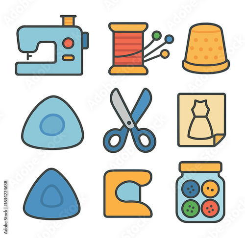 Sewing Tools Fun. Flat vector mini-illustrations sewing and tailoring tools in colors children's illustrations