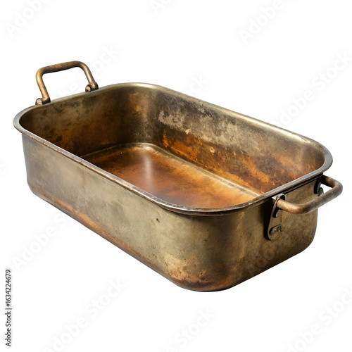 Vintage brass roasting pan baking dish tray isolated on white background