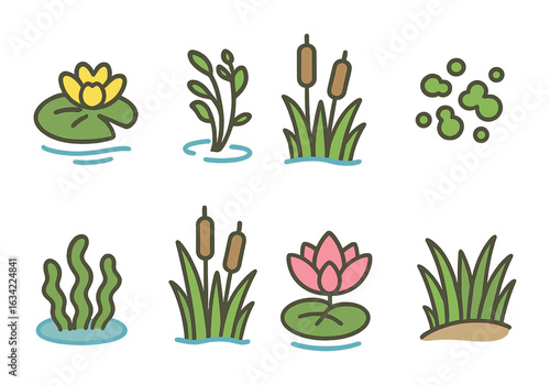 Freshwater Plant Icons. Flat vector mini-illustrations freshwater plants and vegetation in colors children's