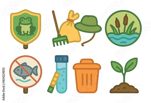 Wetland Conservation Icons. Flat vector mini-illustrations wetland preservation in colors children's