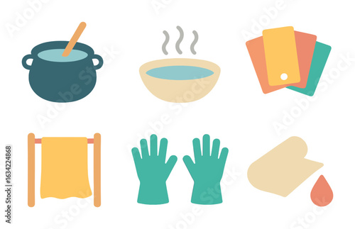 Silk Dyeing Icons. Flat vector mini-illustrations silk dyeing process in colors children's illustrations: dye