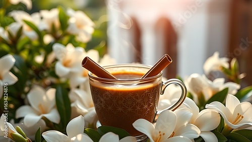 Aromatic Guatemalan coffee with cinnamon sticks, surrounded by gardenias, evoking morning traditions.