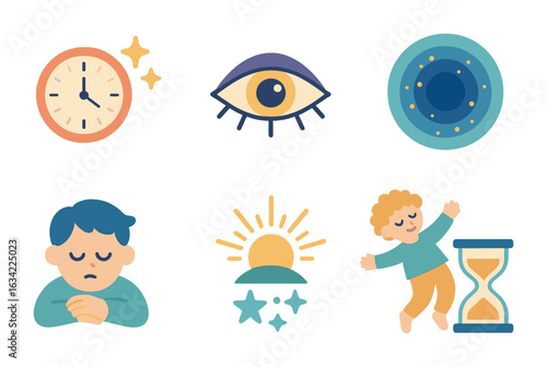 Time and Awakening Icons. Flat vector mini-illustrations time perception and spiritual awakening in colors