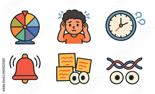 Children's Obsessive Icons. Flat vector mini-illustrations obsessive thinking in colors children's
