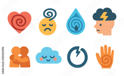 Emotional Thought Icons. Flat vector mini-illustrations emotional thought spirals in colors children's