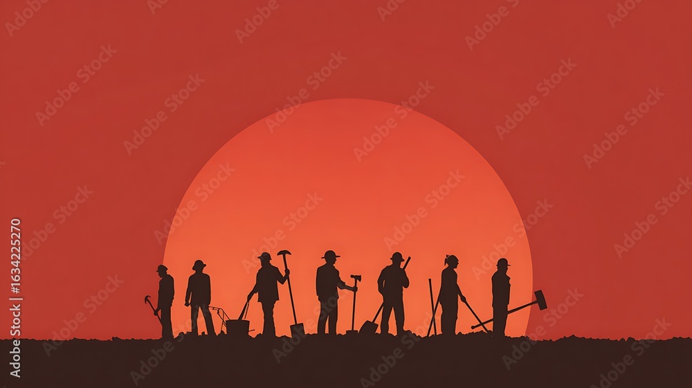 Fototapeta premium Silhouette of workers standing in a field against a vibrant sunset backdrop