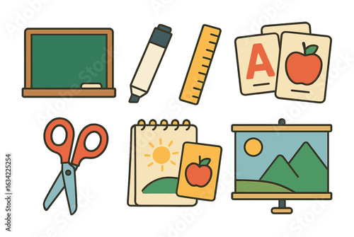 Children's Educational Tools. Flat vector mini-illustrations teaching materials setup in colors children's