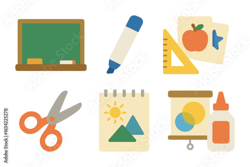 Children's Educational Tools. Flat vector mini-illustrations teaching materials setup in colors children's