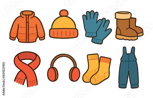 Winter Gear Icons. Flat vector mini-illustrations cold climate adaptation in colors children's illustrations: