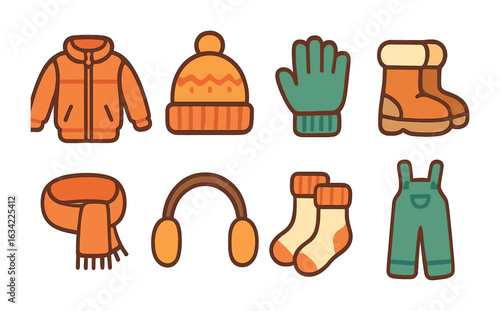 Winter Gear Icons. Flat vector mini-illustrations cold climate adaptation in colors children's illustrations: