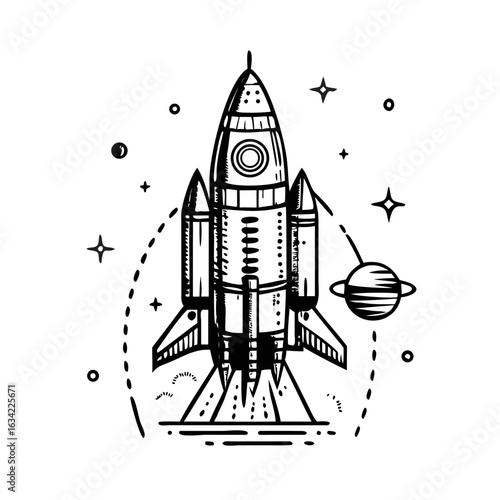 Rocket launching into space surrounded by stars and planets during a cosmic adventure illustration