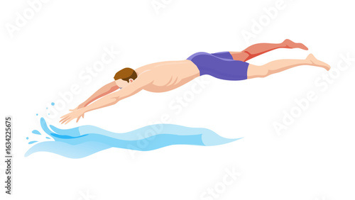 Diver performs a graceful dive into a sparkling blue pool during a bright sunny day, showcasing athleticism and precision in water sports