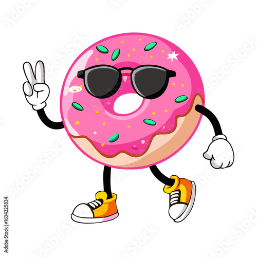 Colorful cartoon donut character in sunglasses making a peace sign while walking cheerfully on a sunny day